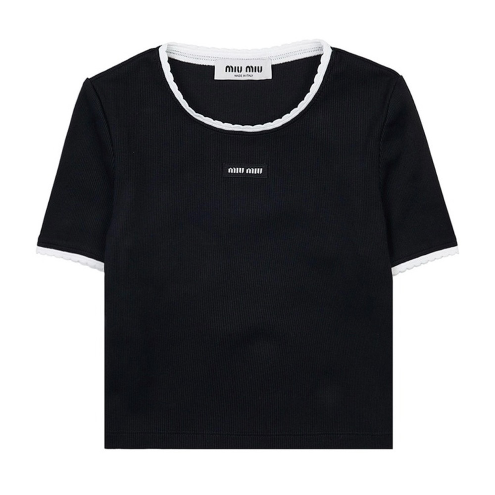 Miu Miu Black Short Sleeve Knit Top with White Scalloped Trim